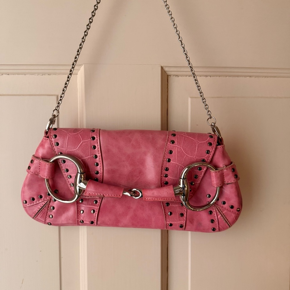 Vintage Betsey Johnson Pink Studded Shoulder Bag with Silver Chain - Picture 2 of 5